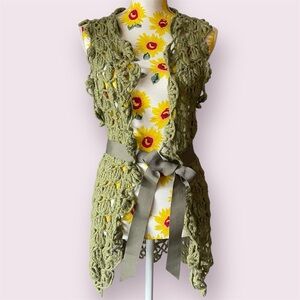 DKNY Crochet Ribbon Tie Front Cardigan Vest Matcha Green | Size Small